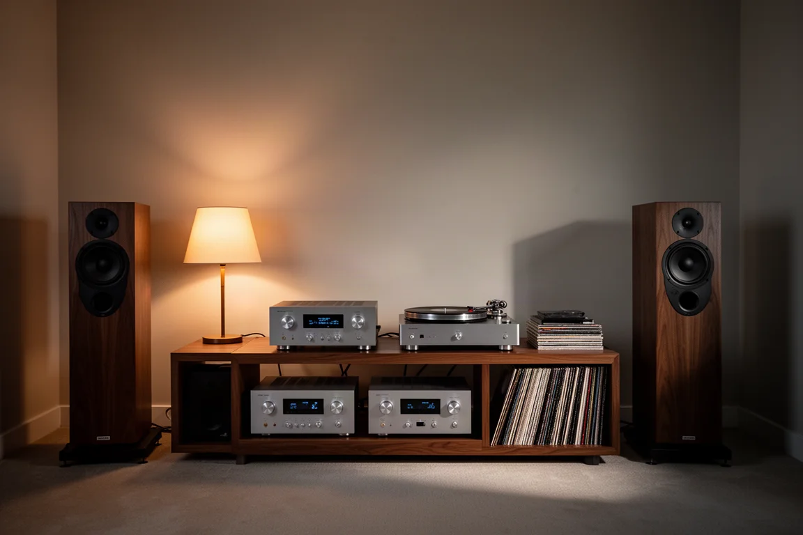 Sala d'ascolto al crepuscolo con diffusori da pavimento, un rack hi-fi e una lampada da tavolo dalla luce calda