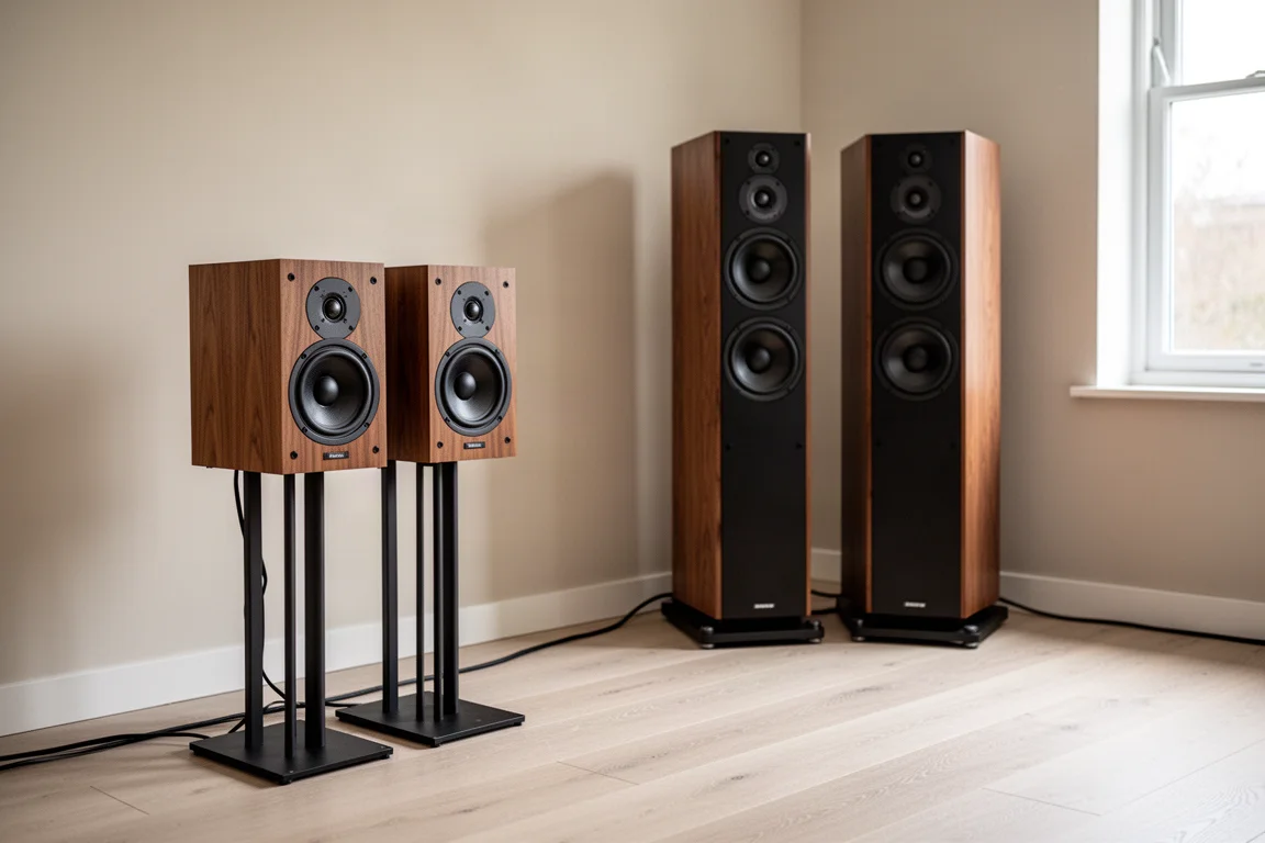 Due coppie di diffusori in un soggiorno che mostrano una configurazione con doppio set di diffusori