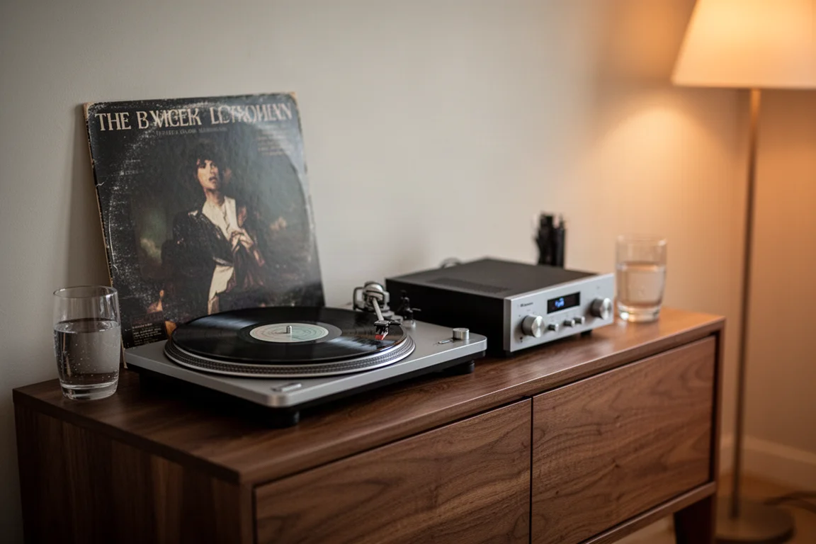 Giradischi che riproduce un disco in vinile accanto a un amplificatore su una credenza in noce