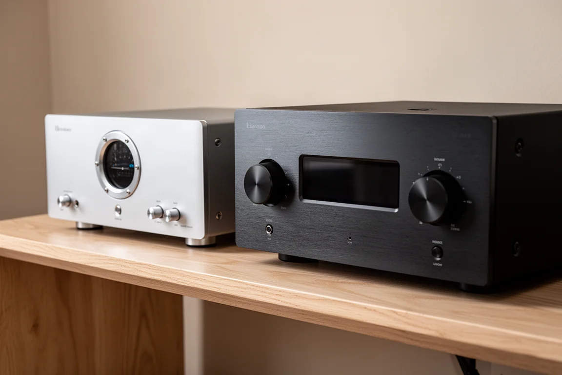 Two stereo integrated amplifiers side by side on a pale oak hi-fi shelf