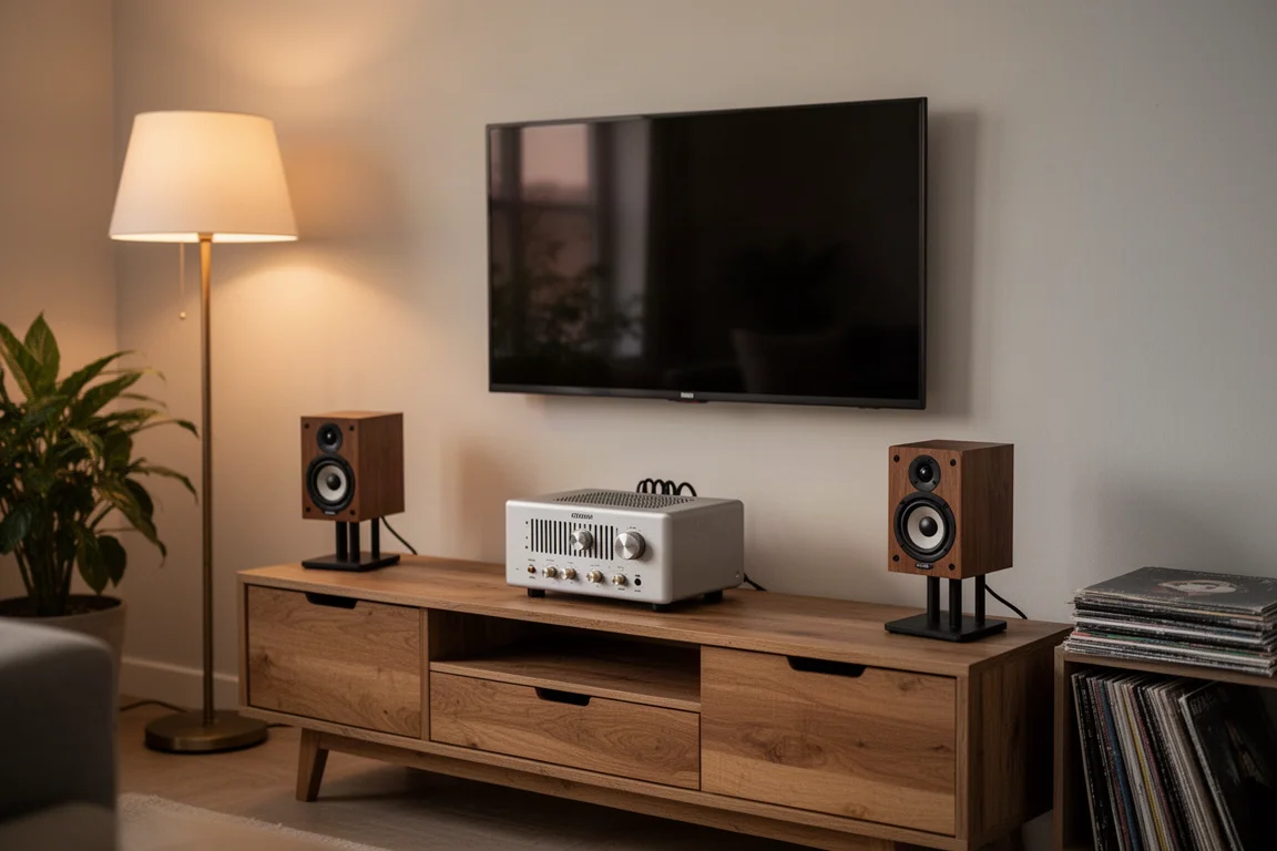 Amplificador de streaming compacto sobre una estantería baja de madera en un salón con luz tenue