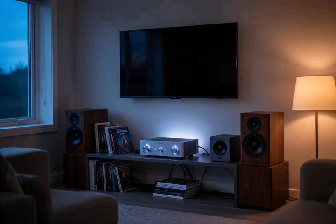 Par de altavoces de estantería sobre soportes en un salón minimalista y luminoso