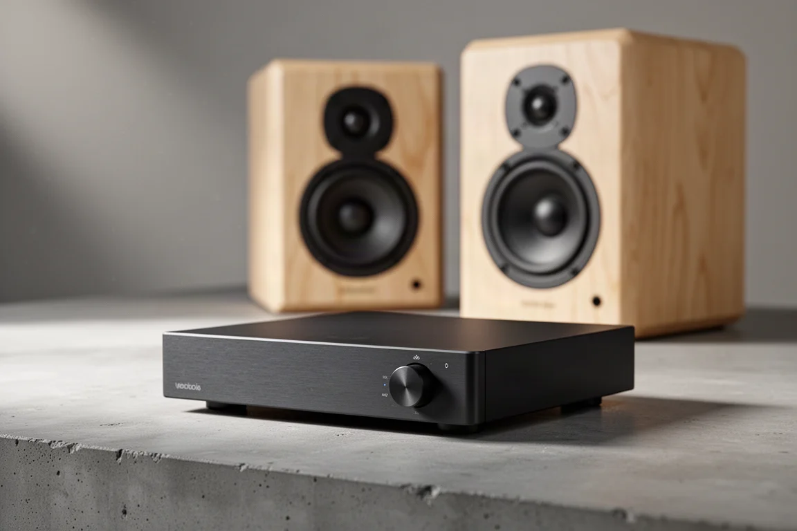 Compact Marantz Model M1 streaming amplifier with perforated top grille on concrete surface