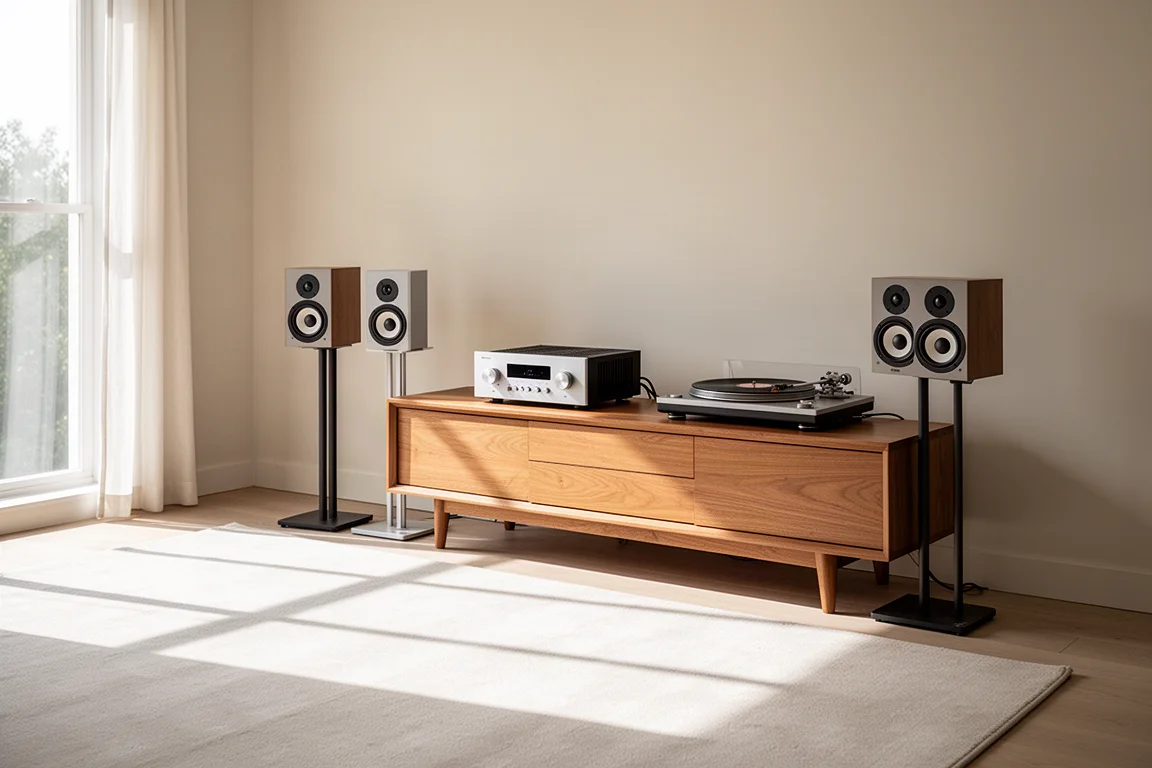 Compact amplifier and standmount speakers on a low wooden sideboard in a bright living room