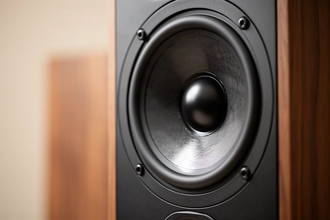 Close-up of a mid-bass speaker driver with the cone caught mid-motion