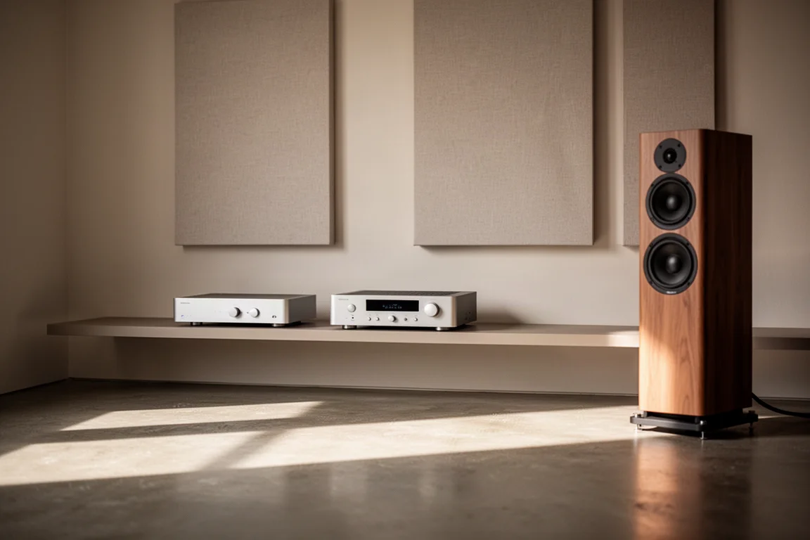 Minimalist listening room with a slim amplifier and acoustic wall panels