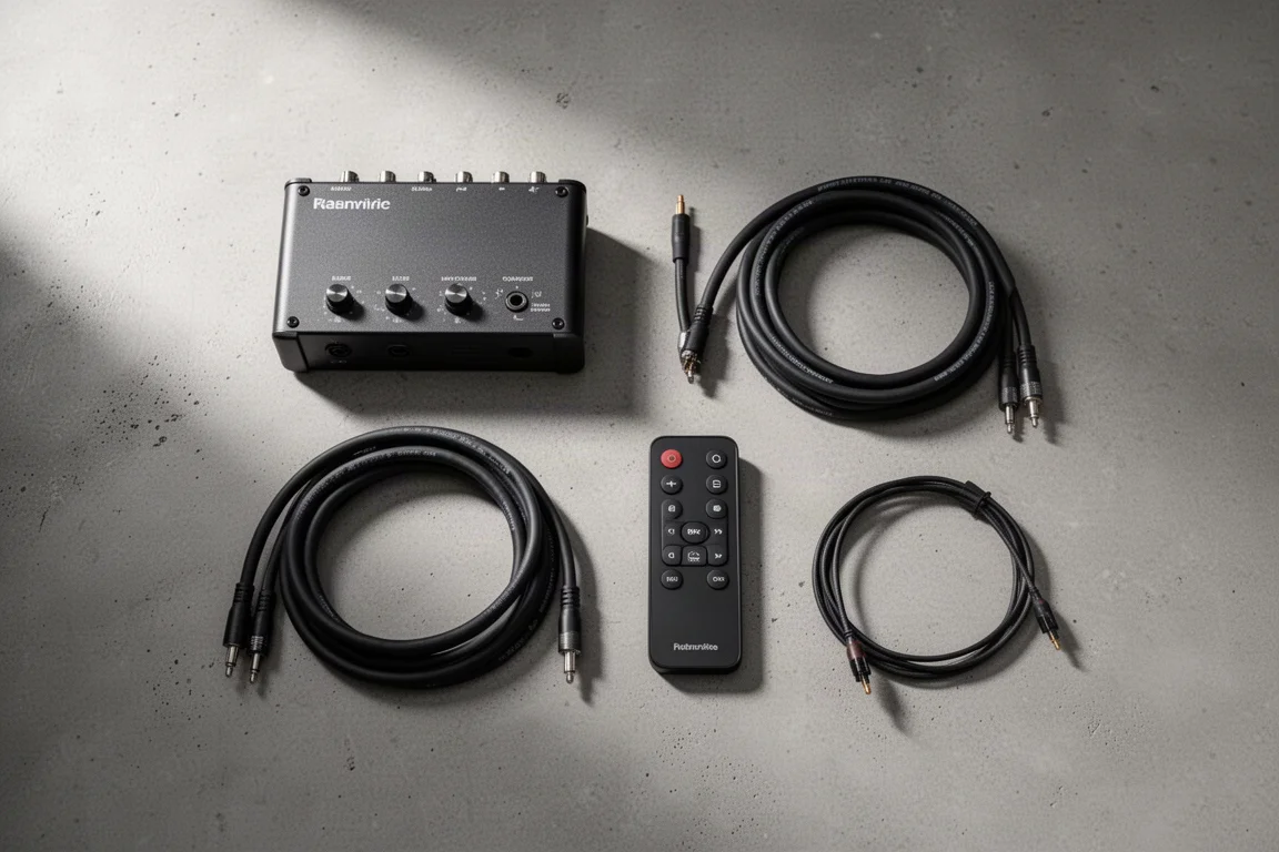 Overhead flat-lay of an amplifier, speaker cables, a remote control and an optical cable