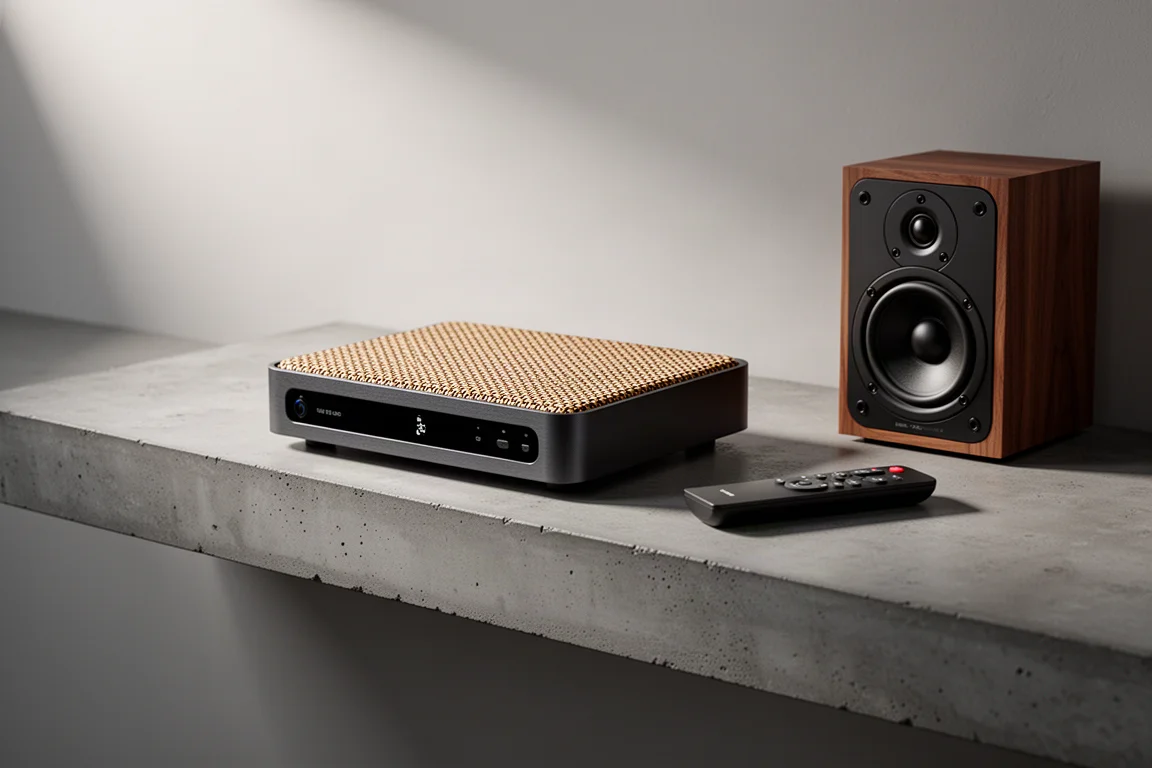 Compact streaming amplifier with mesh top on a concrete shelf beside small speakers