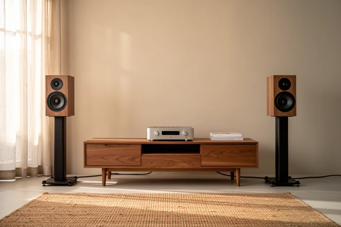 Installation hi-fi minimaliste dans un salon avec un amplificateur fin et des enceintes de bibliothèque sous une lumière chaude