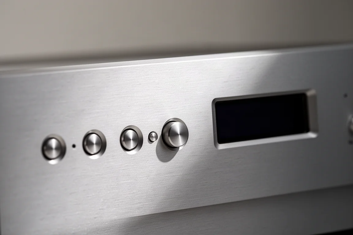Gros plan sur la façade en aluminium brossé d'un amplificateur avec boutons ronds et petit écran d'affichage
