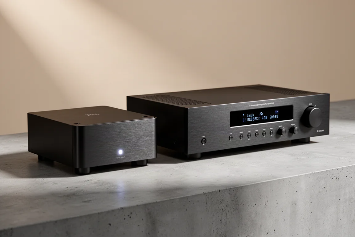 Compact streaming amplifier and full width hi-fi amplifier side by side on a concrete surface