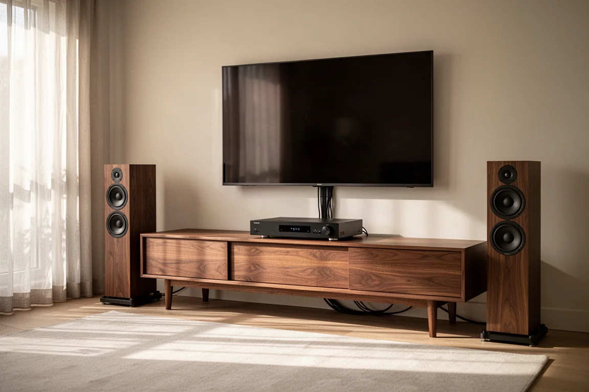 Meuble TV de salon avec un ampli-tuner AV slim entouré d'enceintes colonnes