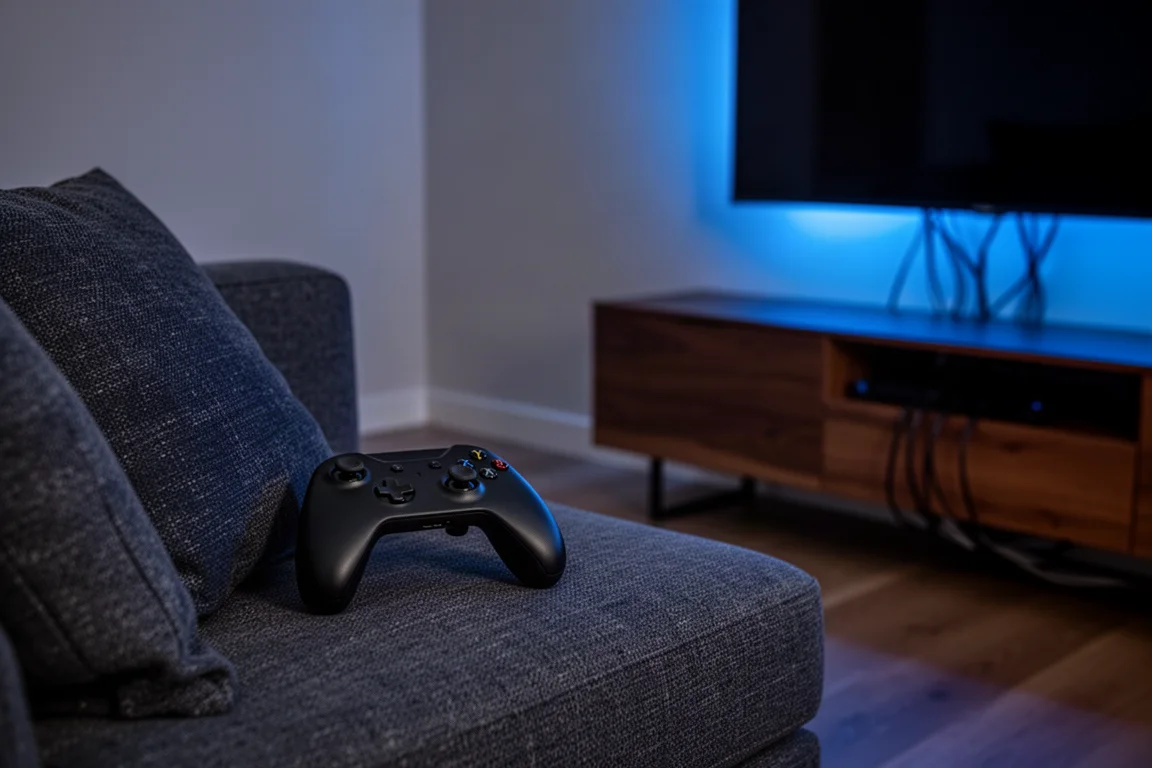 Manette de jeu sur un canapé dans un salon sombre avec la lueur ambiante d'un téléviseur