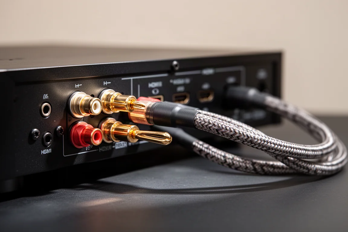 Gros plan sur les bornes d'enceintes et les fiches bananes à l'arrière d'un ampli-tuner audio