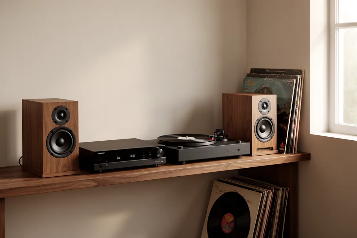 Installation hi-fi compacte avec un ampli-tuner slim, une platine vinyle et des enceintes bibliothèque