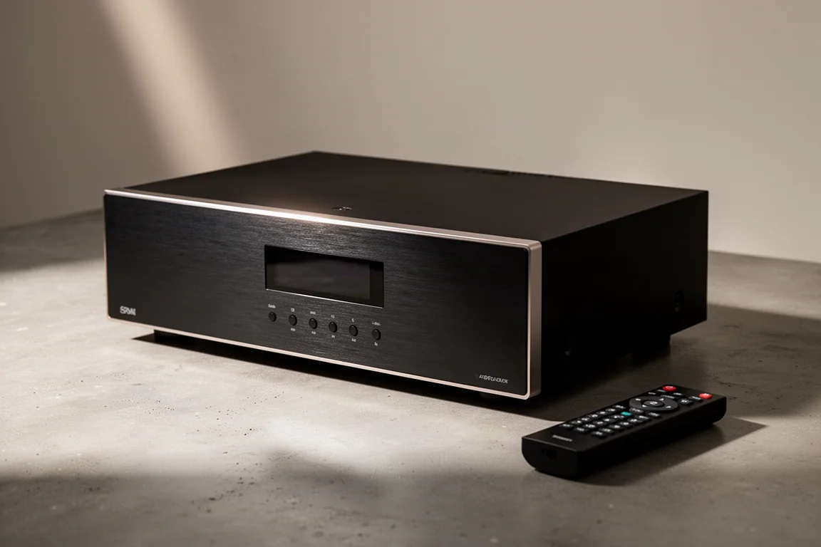 Slim black AV receiver with a brushed metal front panel on a concrete surface