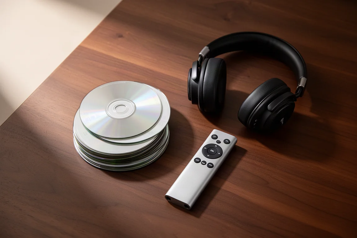 クルミ材の上に積み重ねた CD、オープンバックヘッドホン、薄型リモコンの俯瞰