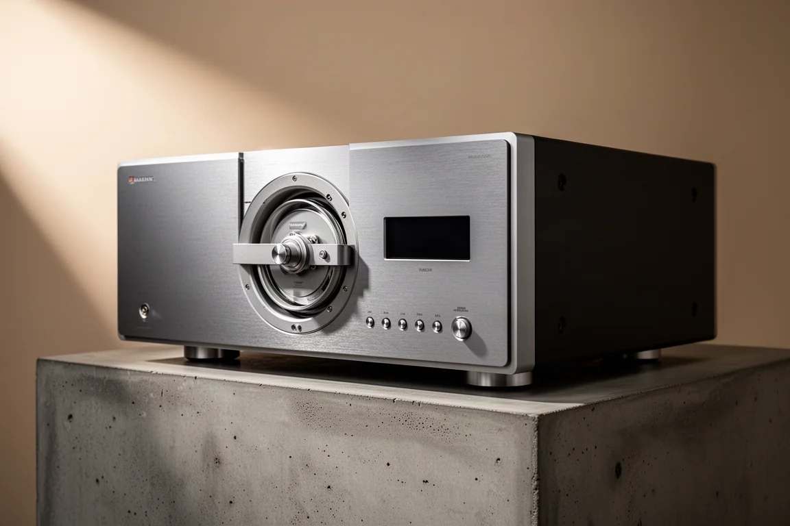 Large high-end SACD and CD player with brushed aluminium front panel on a concrete plinth