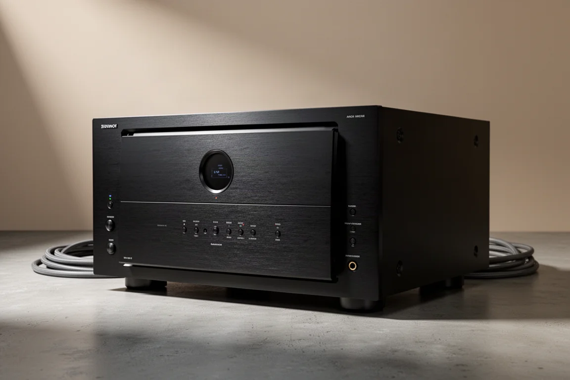 Black aluminium front AV receiver with small circular display on a concrete surface