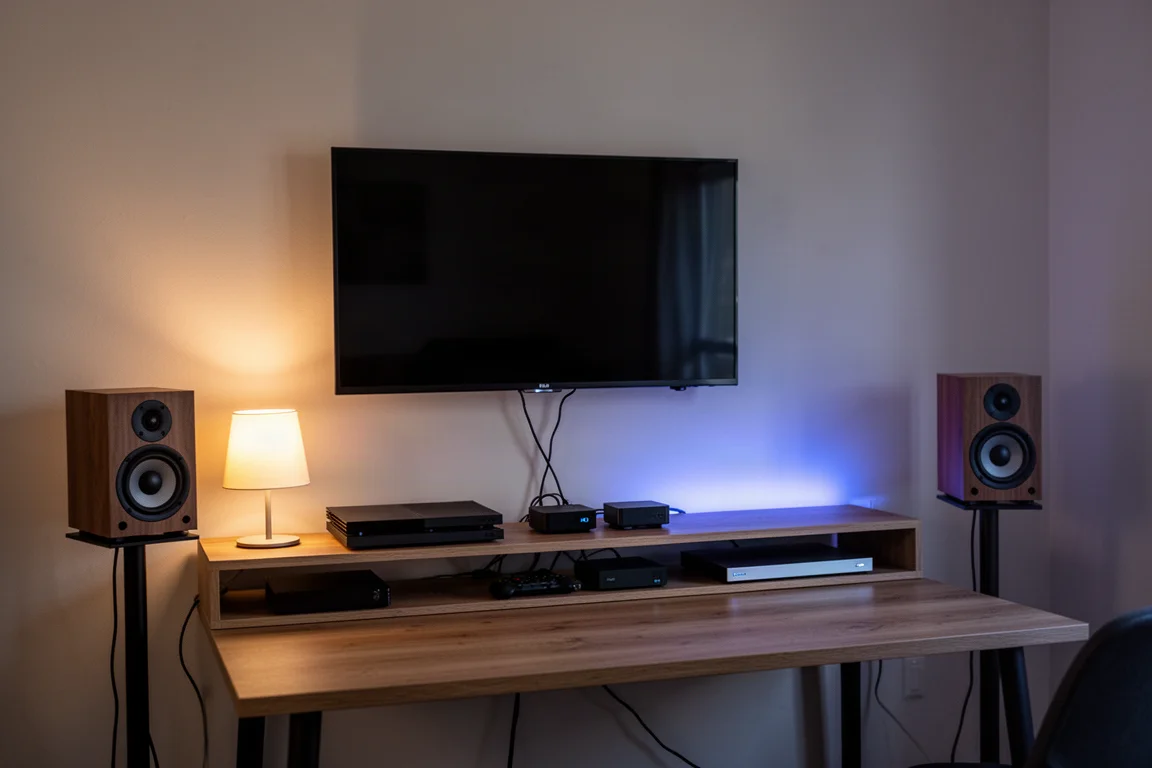 Compact home office with a wall-mounted TV, media shelf and two small speakers