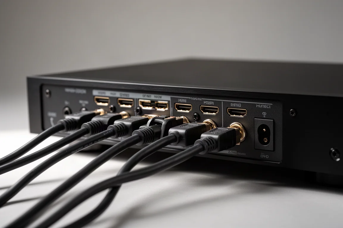 Close-up of the rear connection panel of a slim receiver with HDMI cables plugged in