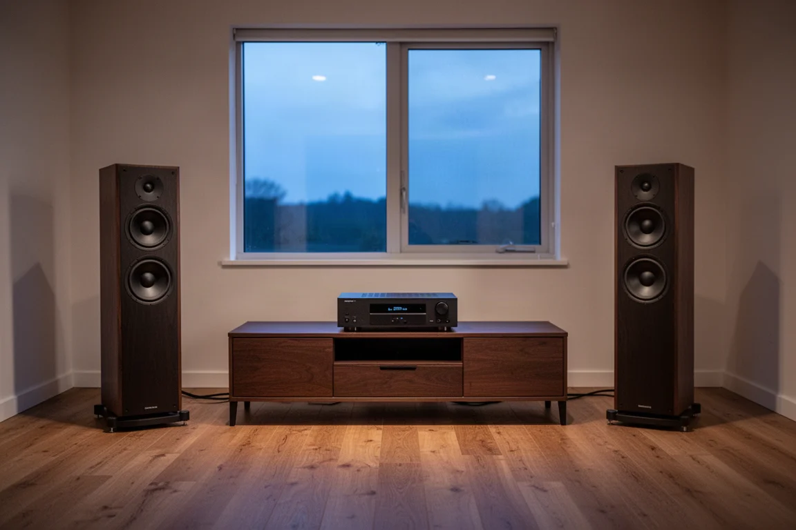 Two-channel listening room at dusk with tall floorstanding speakers and a slim receiver