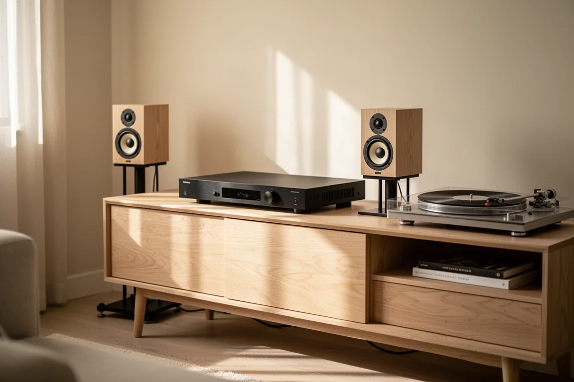 Slim receiver, bookshelf speakers and a turntable on an oak console in afternoon light