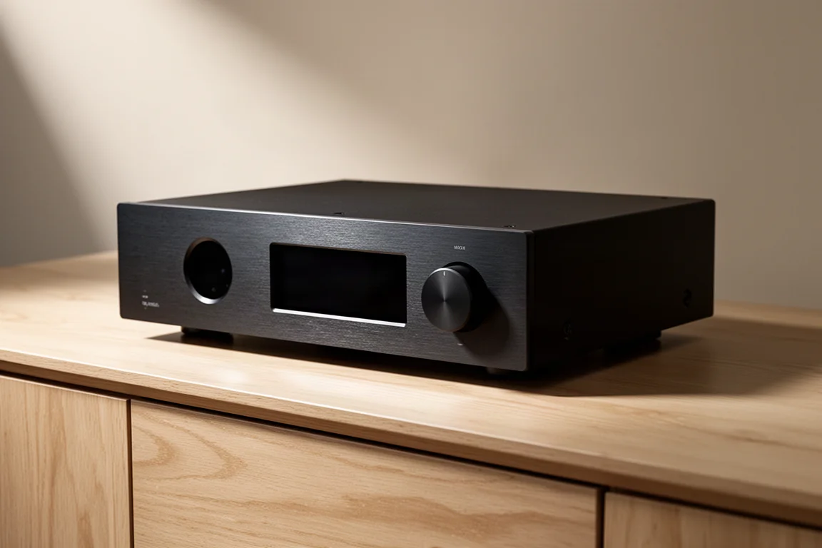 Slim black two-channel AV receiver on a pale oak media console in soft studio light