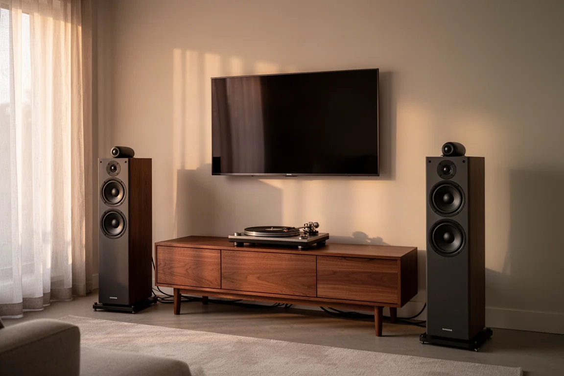 Salón al atardecer con un televisor, un amplificador estéreo y altavoces de estantería