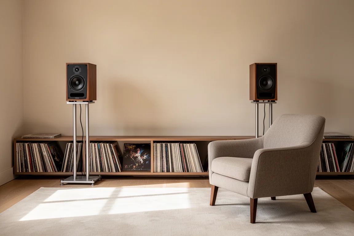 Tocadiscos y subwoofer compacto en una esquina con luz ambiental cálida