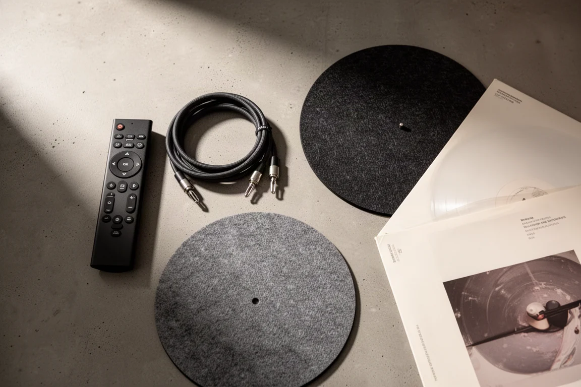 Vista cenital de un mando estéreo, cables enrollados y una funda de vinilo sobre una superficie plana