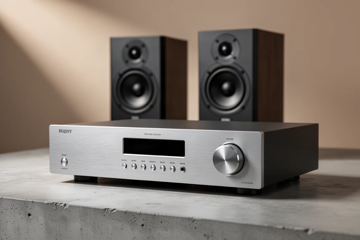 Slim silver two-channel stereo receiver with round porthole display on concrete surface