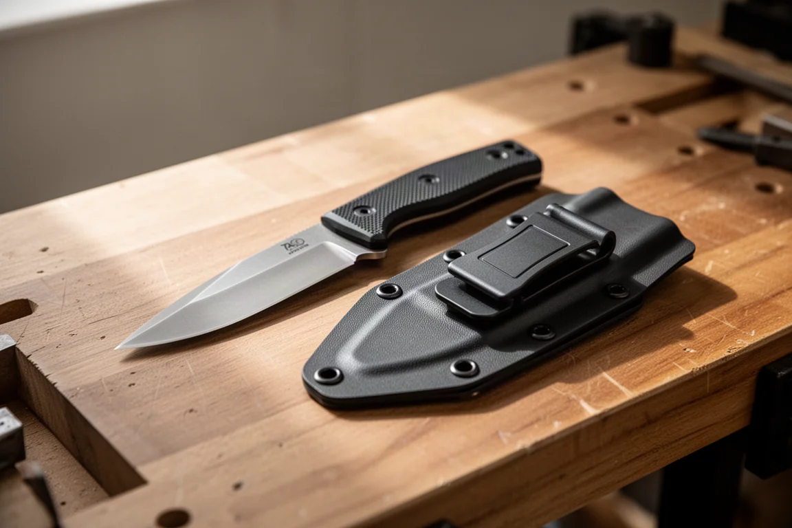 Coltello a lama fissa con fodero Kydex appoggiato su una banco di lavoro in legno