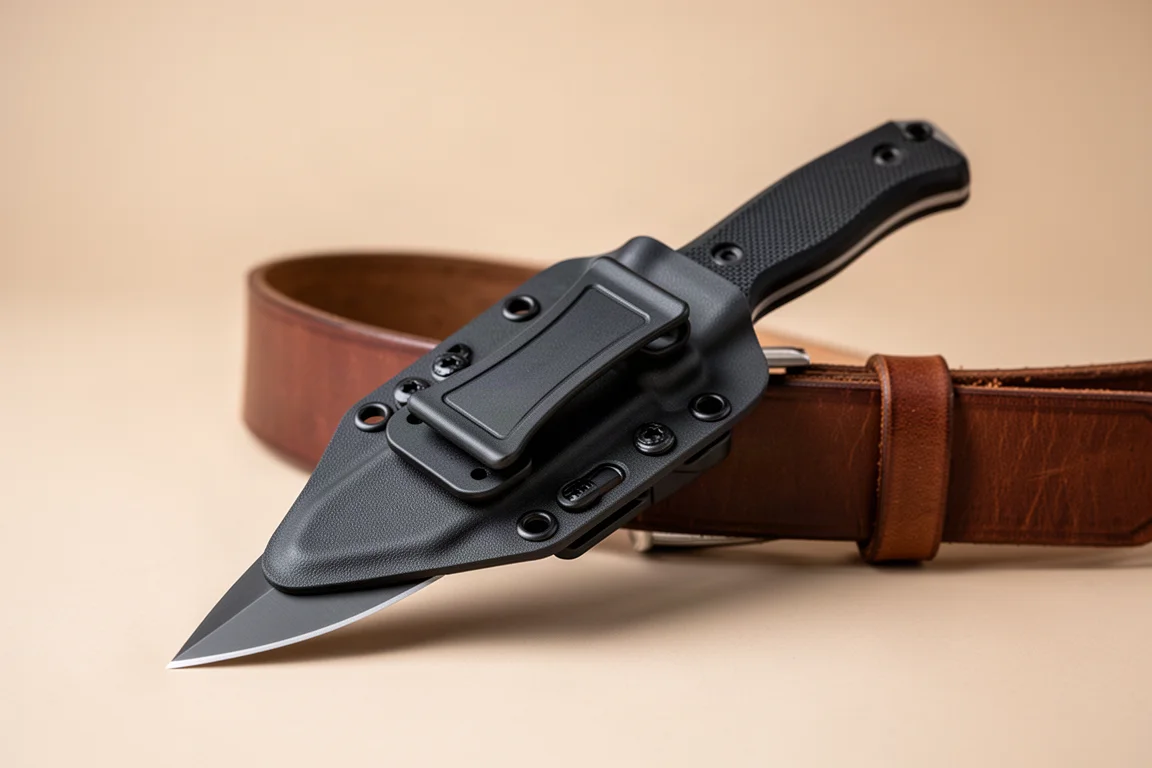 Coltello a lama fissa agganciato al fodero Kydex su una cintura di cuoio
