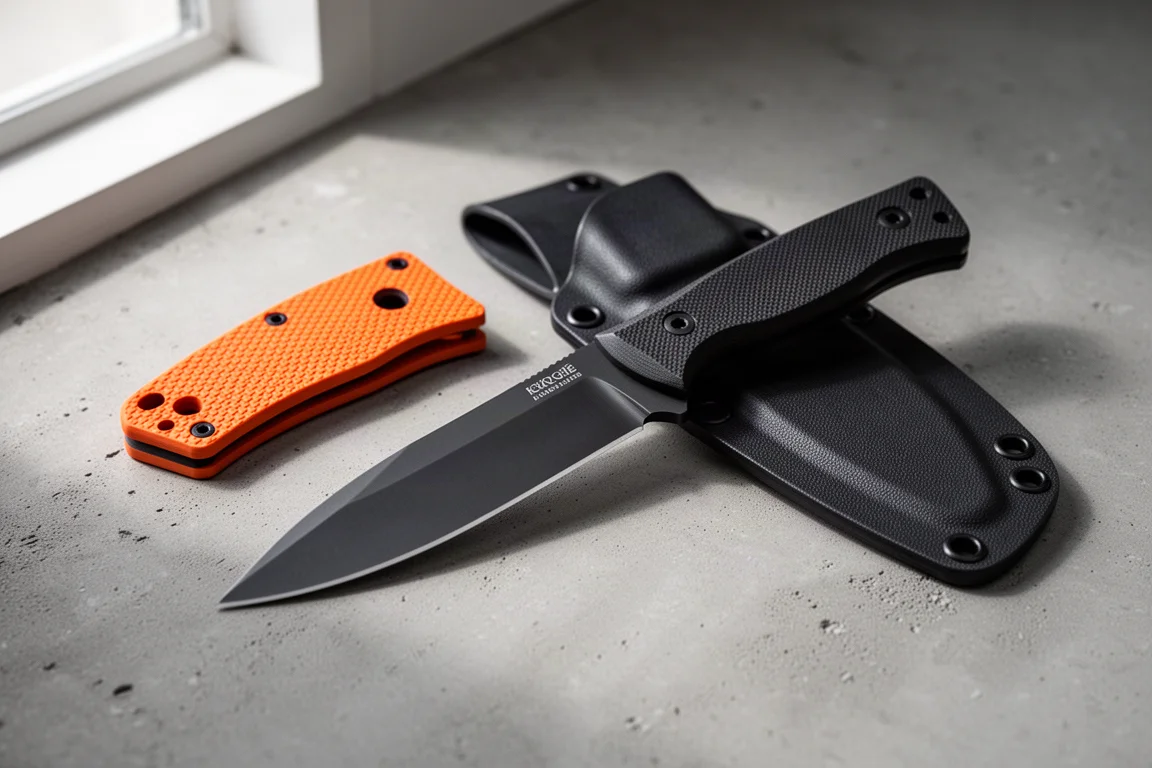Maratac M390 定刀搭配 Kydex 刀鞘與橘色柄貼，置於水泥地上