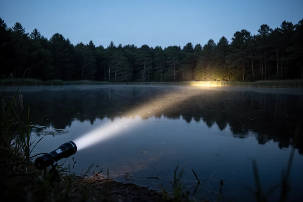 Tight LEP flashlight beam stretching across open water at dusk