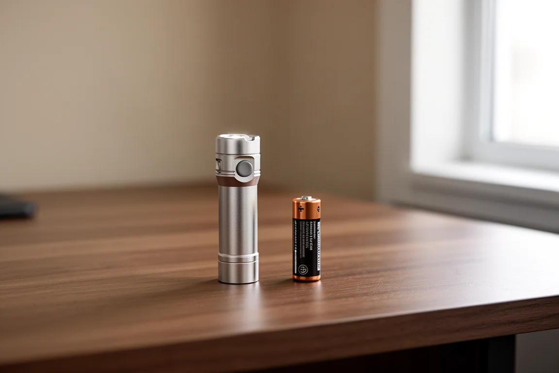 Tiny AA-sized flashlight standing on a wooden desk beside a battery