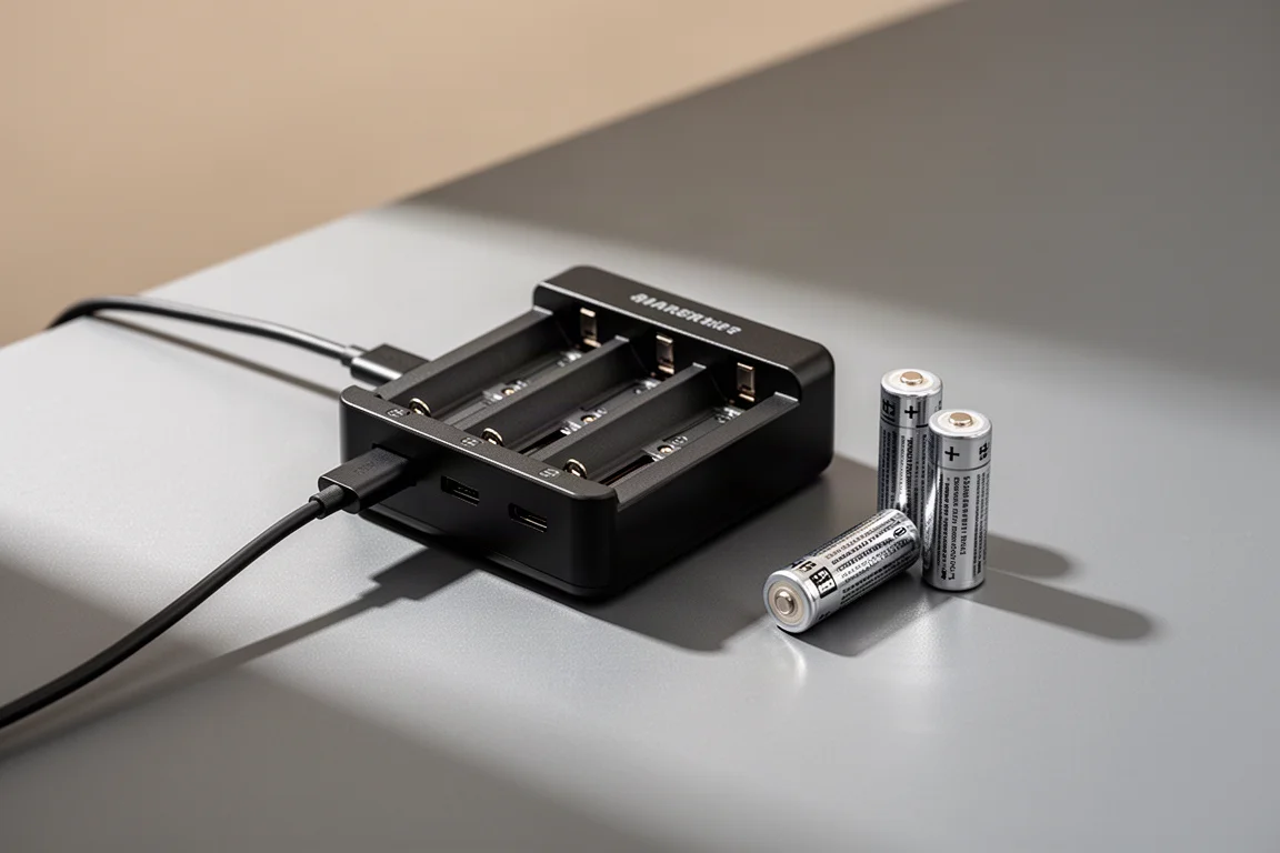 USB-C four-bay battery charger on a desk with batteries