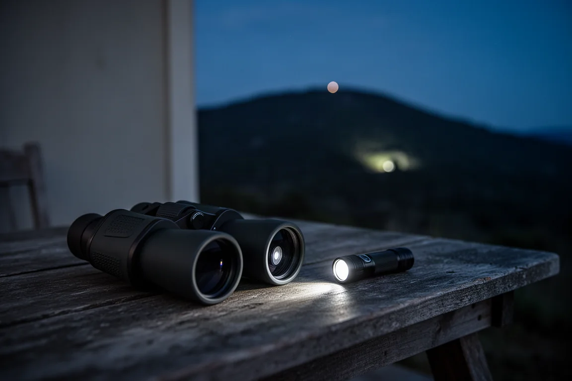 Flashlight beam and binoculars set up on a table for long-range viewing