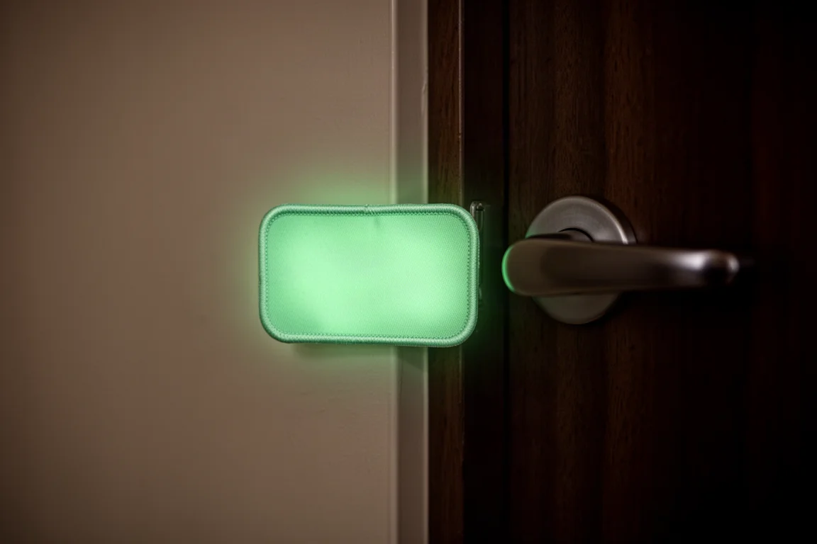 Parche rectangular fosforescente brillando en verde sobre una superficie oscura