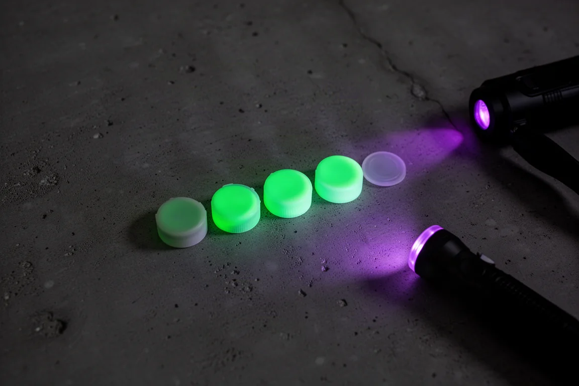 Luz UV activando una fila de pequeños marcadores fosforescentes brillantes