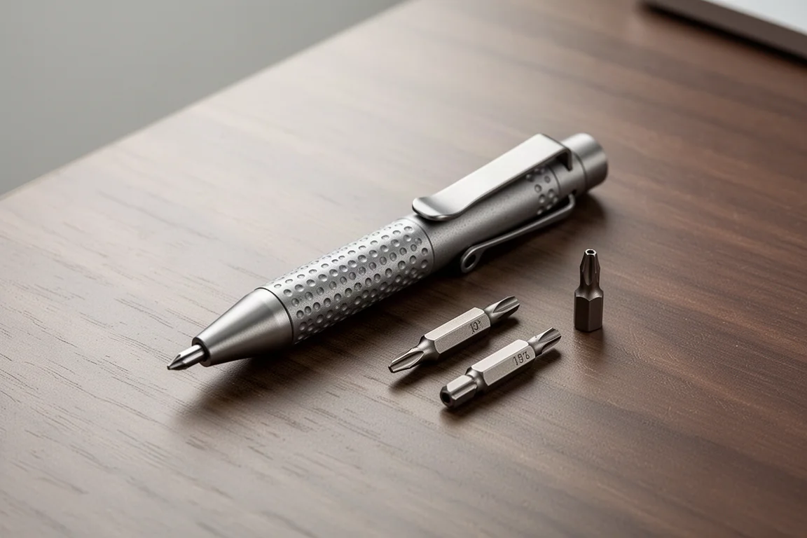 Kompakter Titanium-Pen-Driver mit stonewashed-Oberfläche auf einem Schreibtisch aus Holz neben einigen Viertelzoll-Bits