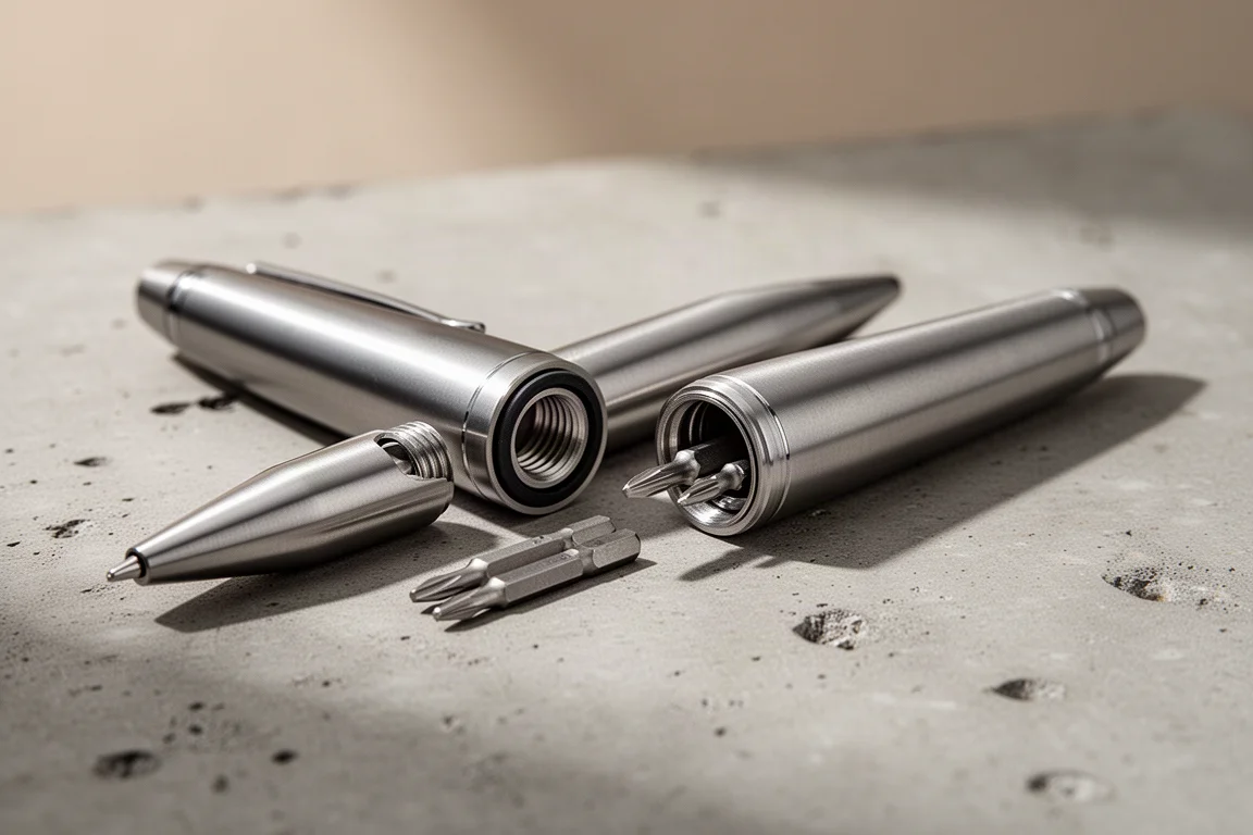 Geöffneter Titanium-Schaft eines Drivers mit sichtbarem versiegeltem Fach und Ersatzbits darin