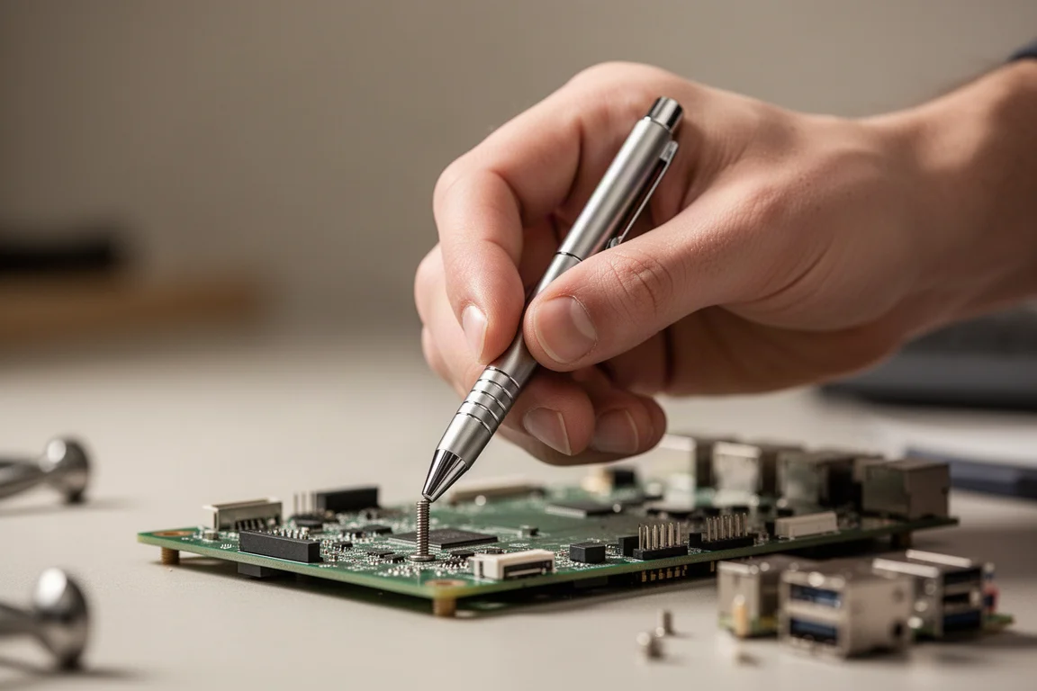 Hand einer Person umschließt einen kompakten Titanium-Driver bei der Arbeit an kleiner Elektronik