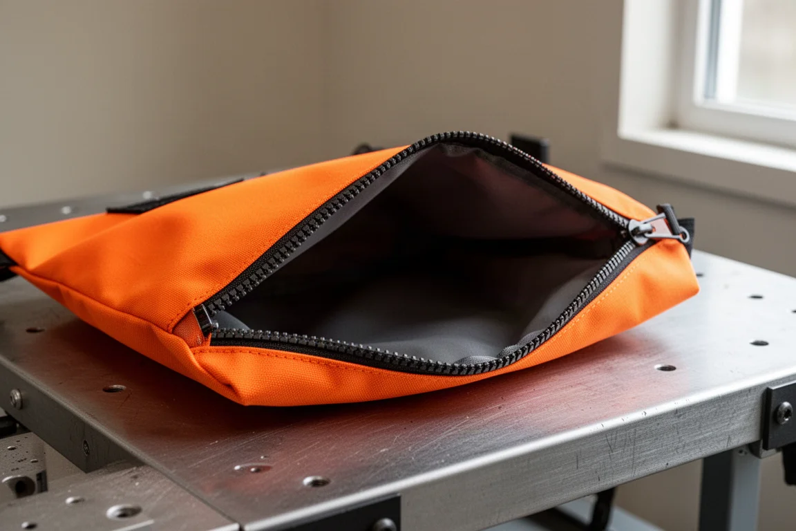 Uma bolsa plana de tecido laranja com zíper grande aberta sobre uma bancada de trabalho