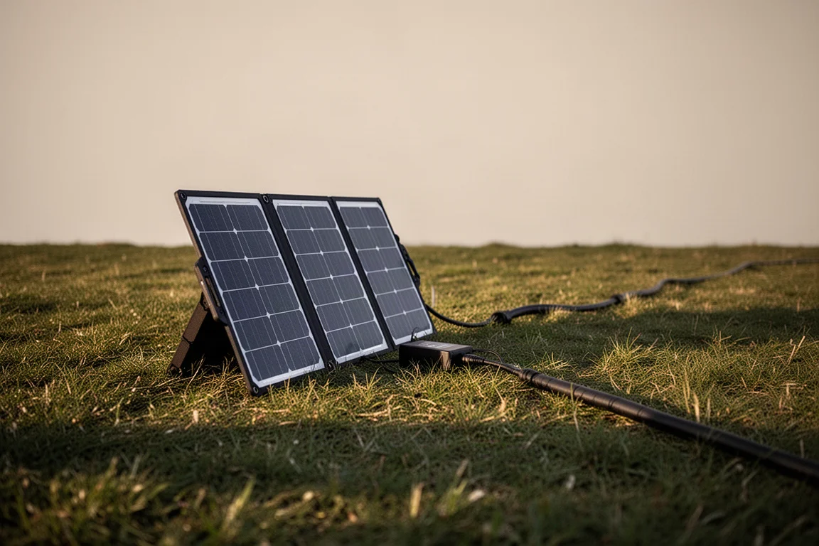 Configuração de painel solar portátil com cabos de extensão longos em um campo durante o dia
