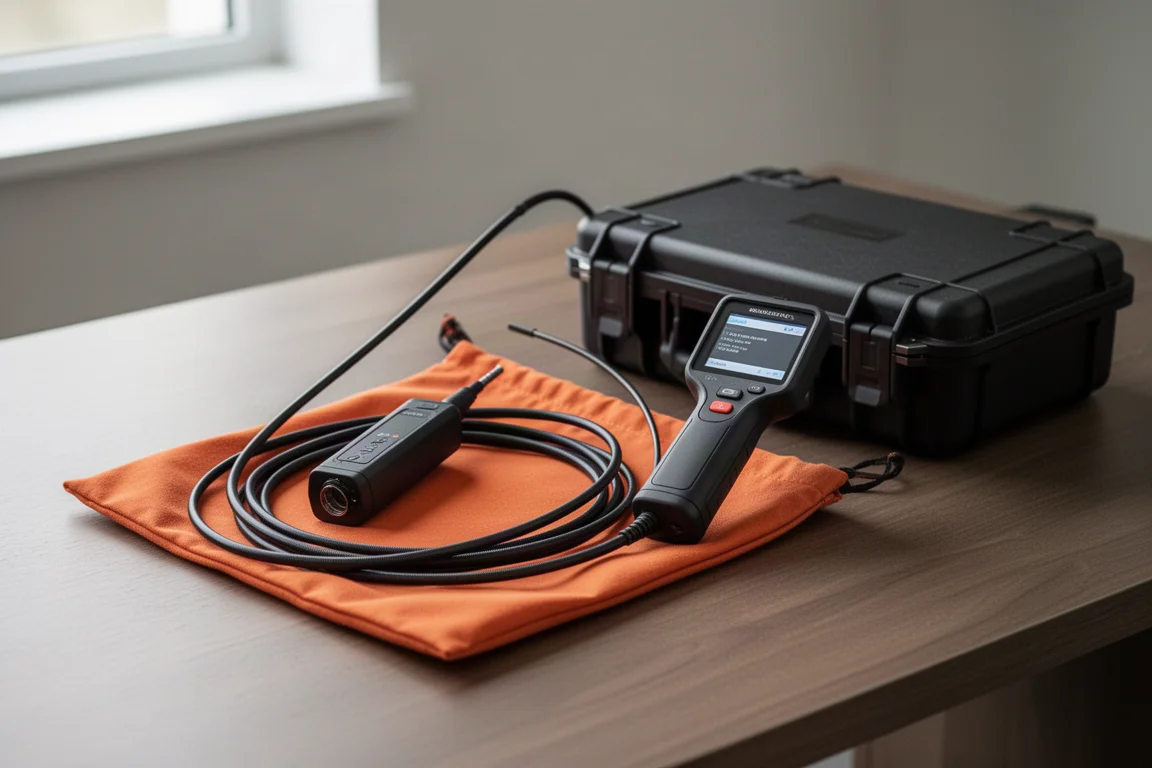 Borescope compacto com cabo flexível guardado em uma bolsa plana ao lado de uma caixa de ferramentas