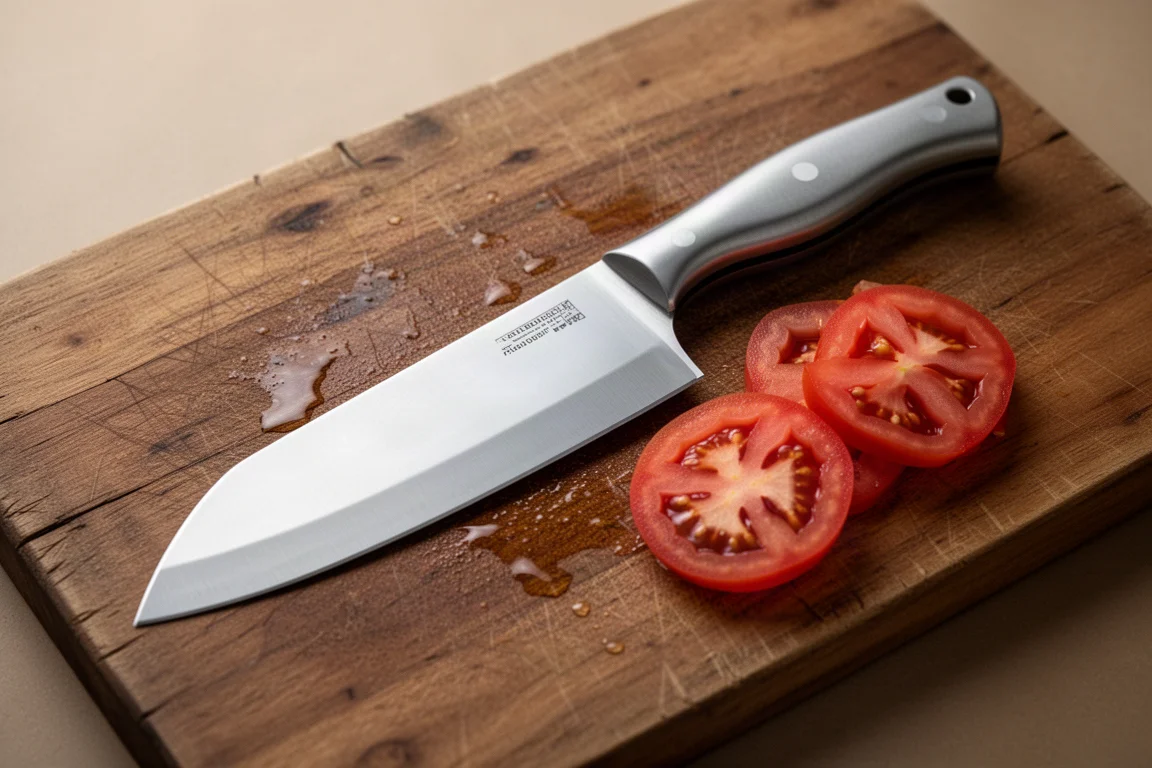 Wide folding kitchen knife blade resting on a wooden cutting board next to fresh tomatoes
