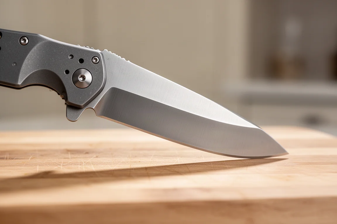 Close-up of the folding knife's blade showing plenty of knuckle clearance above a cutting board