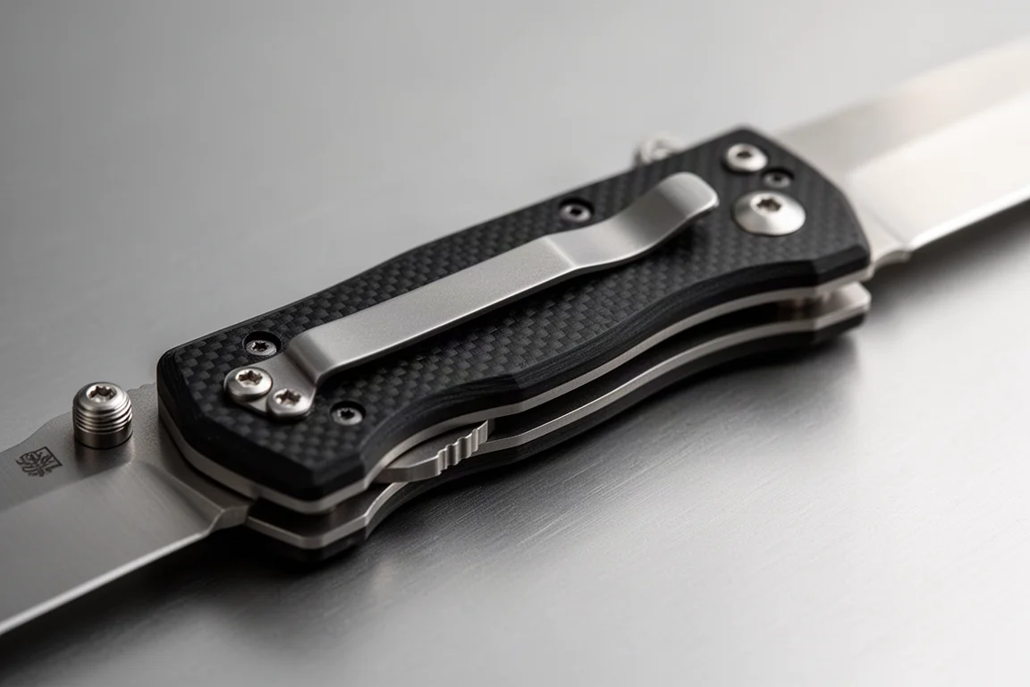 Textured black G10 handle of the folding knife with a titanium pocket clip